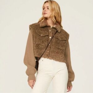 Maje Wool Blend Shearling Sweater Jacket